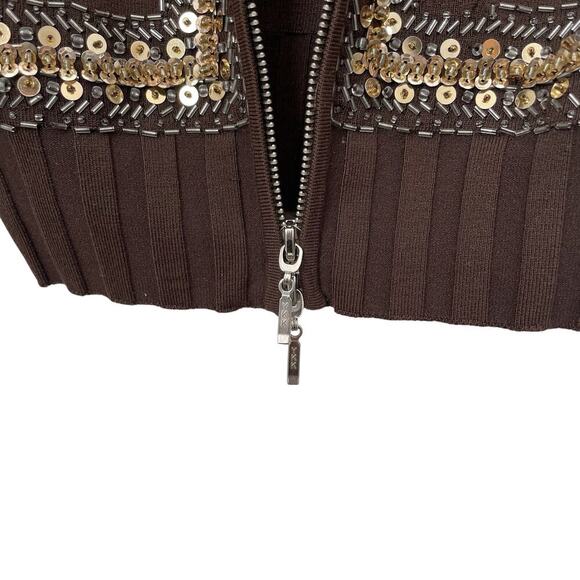 VTG WR Brown Sequence Hooded Zip Sweater Woman Sz M Y2K Preppy Boho Old Money - Picture 6 of 13
